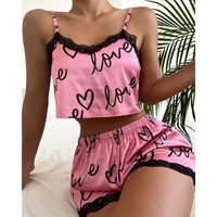 2022 women letter heart print contrast lace cami set v neck sleeveless strap vest tops summer sleepwear shorts two piece suit