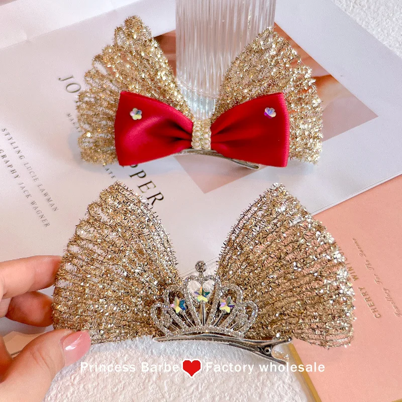 New Gold Wire Mesh Large Bow Children Hair Clip Princess Crown Girl's Hair Clip Baby Hair Accessories BABI ACCESSORI NEWBORN