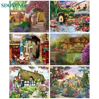 sdoyuno diy oil painting by numbers garden colorful scenery on canvas acrylic paint picture by numbers adults kit home decor