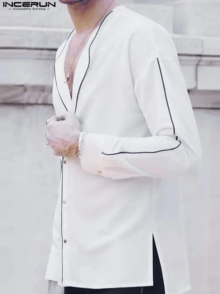 

Fashion Men Patchwork Shirt 2022 V Neck Long Sleeve Button Camisa Masculina Streetwear Loose Casual Men Clothing S-5XL INCERUN