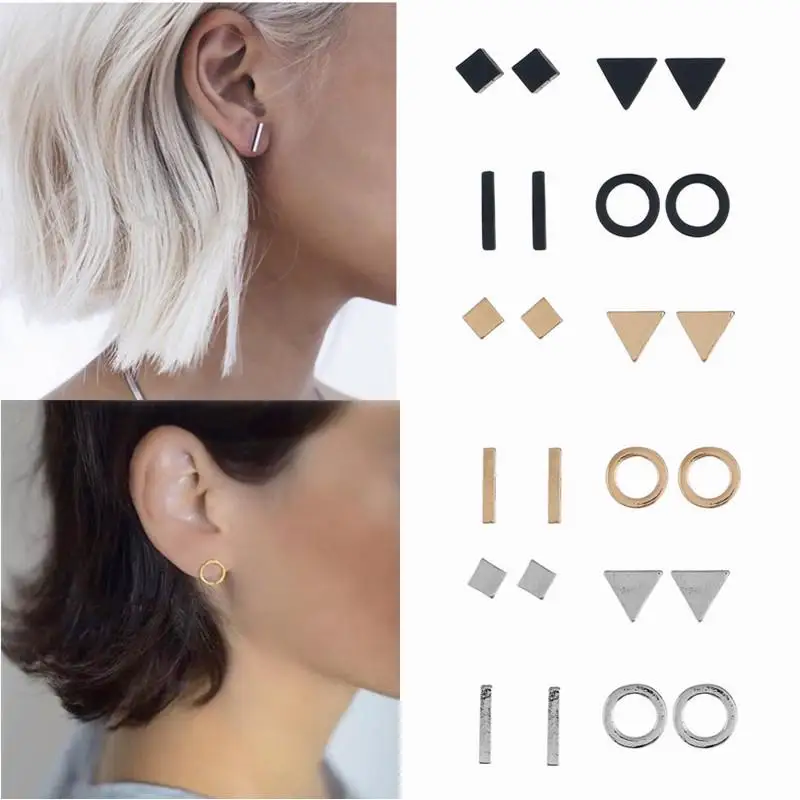 

4Pair/Set Geometric Ear Studs Set Women Small Gold Black Silver Color Earrings Circle Ring Bar Square Triangle Earrings Jewelrys