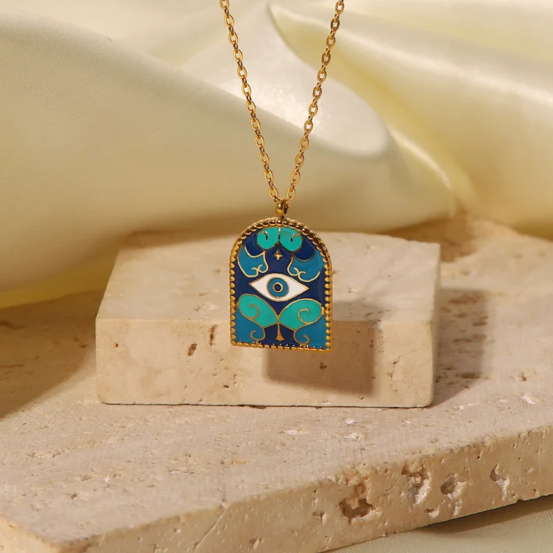 

Minar Bohemian Blue Enamel Evil Eyes Ancient Roman Arch Pendant Necklaces for Women 18K Gold PVD Plated Stainless Steel Necklace