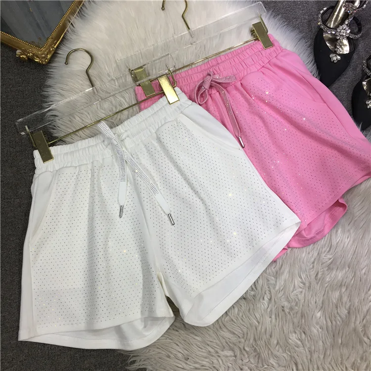 Heavy Embroidery Hot Drilling Shorts Women's Age-Reducing Full Diamond Color High Waist Wide Leg Summer Versatile Slim Fit Pants