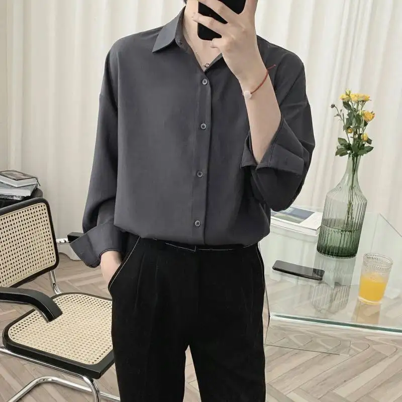 

Men's Shirt Summer and Autumn Long-Sleeved Blouse for Men Solid Color Lapel Cardigan Korean Loose Casual Male's Top 2022 New