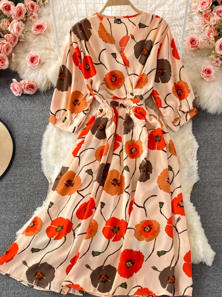 

Summer Elegant Casual Print Midi Women Dress Slim Vintage A-Line Fashion Maxi Party Beach Vestidos Femme Boho Holiday Robe Cloth