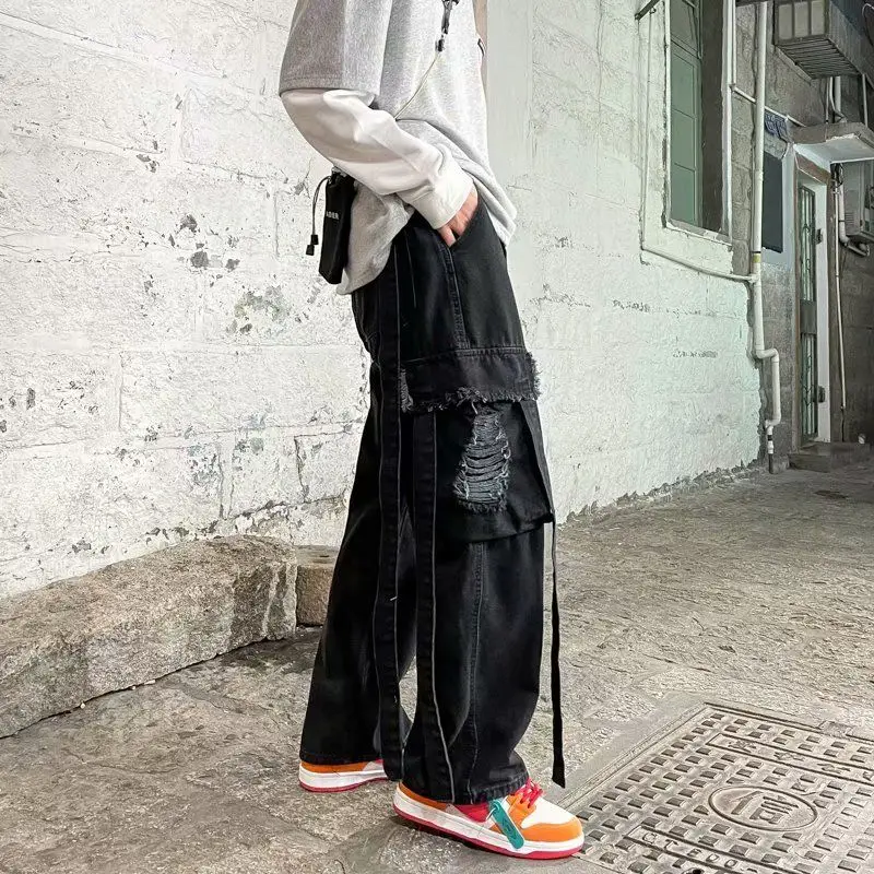 DEEPTOWN Hippie Punk Jeans Men Cargo Trousers Male Fashion Distressed Streetwear Denim Pants with Pockets Hole Loose Hip Hop