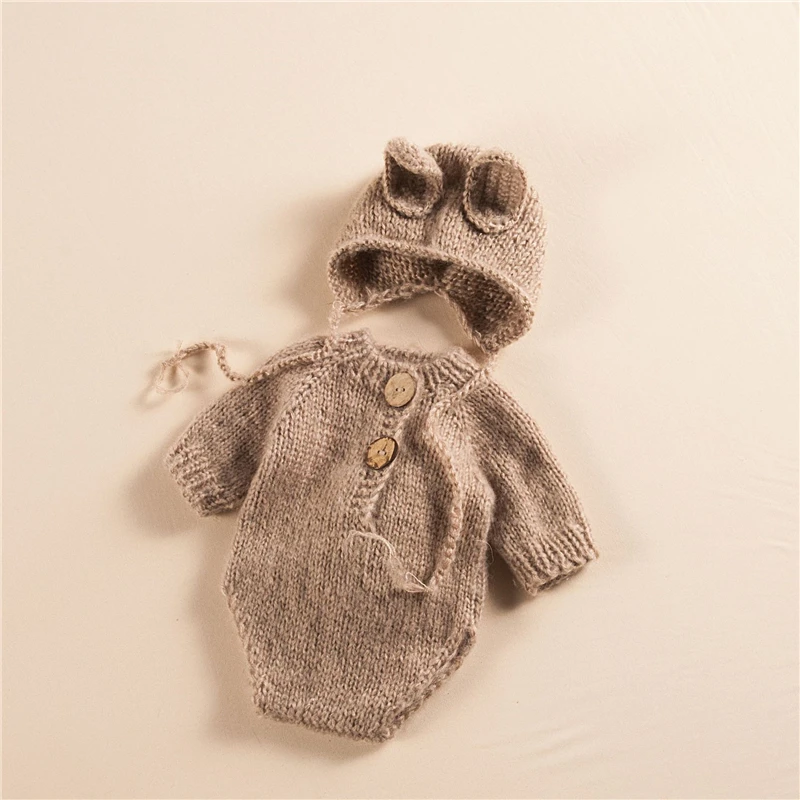 

Newborn Photography Clothing Wool Knitted Cute Rabbit Jumpsuit Hat 2 Piece Baby Photo Studio Shooting Auxiliary Styling Props