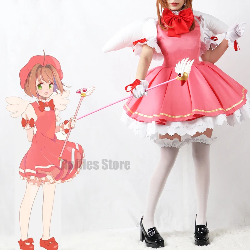 

Anime Cardcaptor Sakura Kinomoto Sakura Clow Magician Cosplay Costume Wig Pink White Combat Uniform Wing Dress Halloween XS-3XL