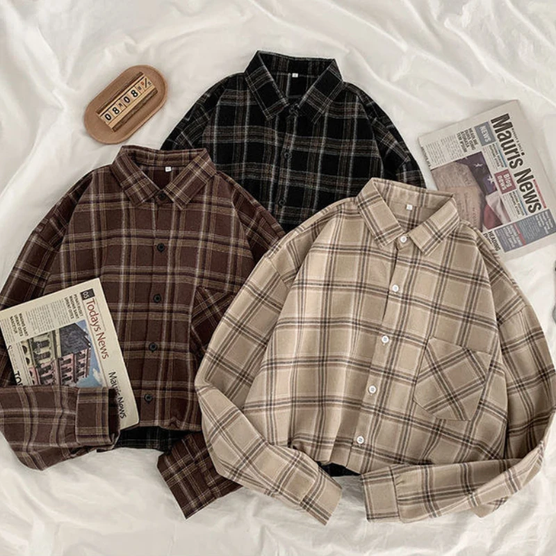 

New in 2022 Women Shirts Baggy Plaid Long Sleeve Chic Fashion Simple Casual New Females Spring Tops All-match Streetwear Retro U