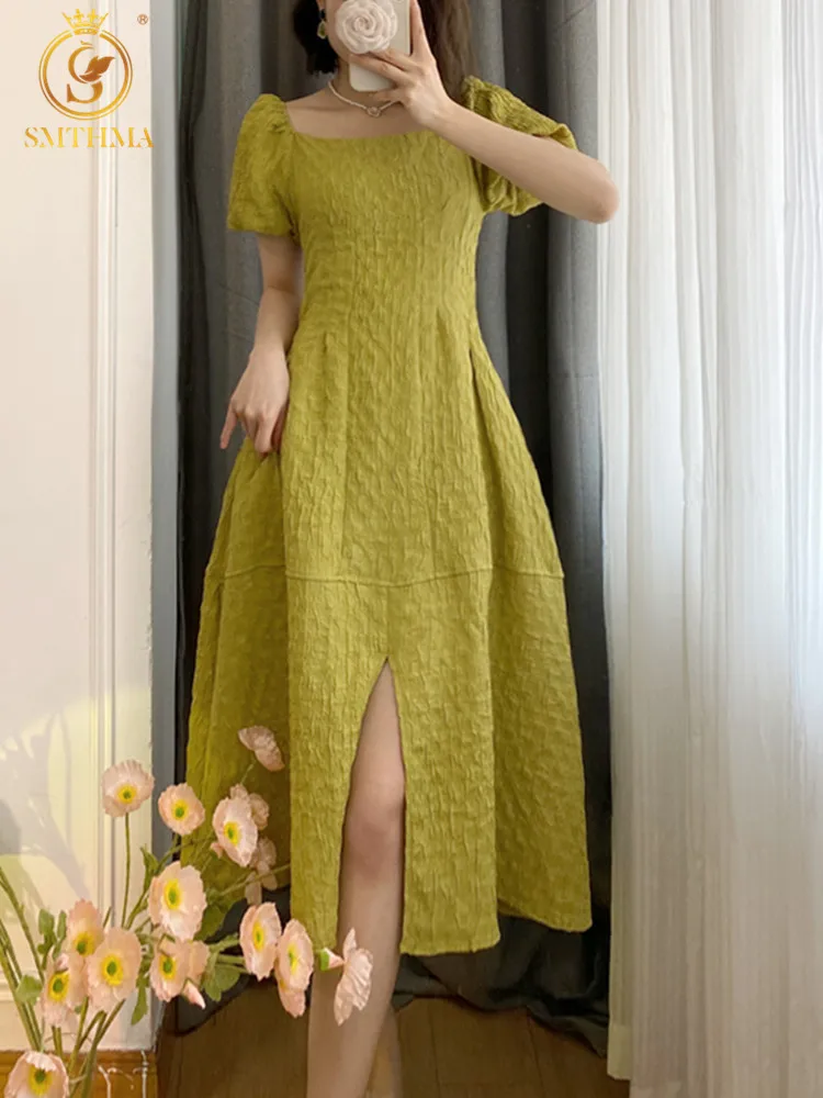

SMTHMA Vintage Elegant Square Collar Summer New Fashion Midi Dress Lady Casual Puff Sleeves Jacquard Pleated Dresses Vestidos