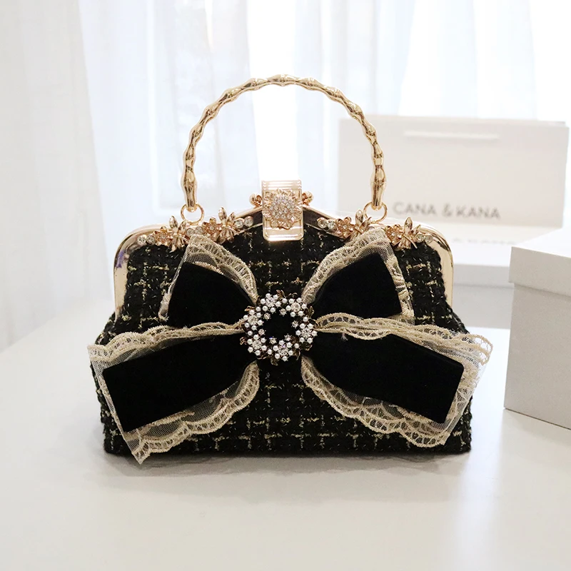 Velvet Bowknot Black Woollen Shoulder Bag Fashion Chain Strap  Pearl Crystal Diamond Gold Metal Frame Handbag Luxury Elegant