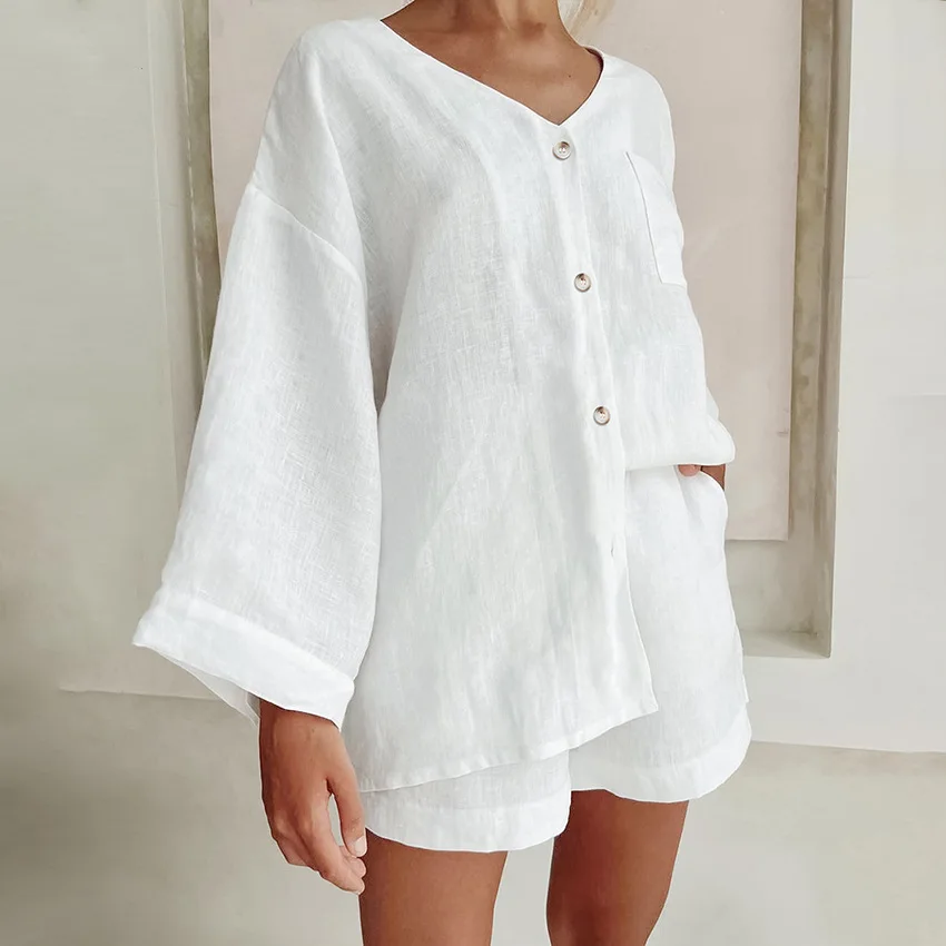 Women's  2 Piece Pajamas Sets V-Neck Cotton Female Pijama Sleepwear Long Sleeve Shorts Loungewear Pyjama Leisure Home Clothes