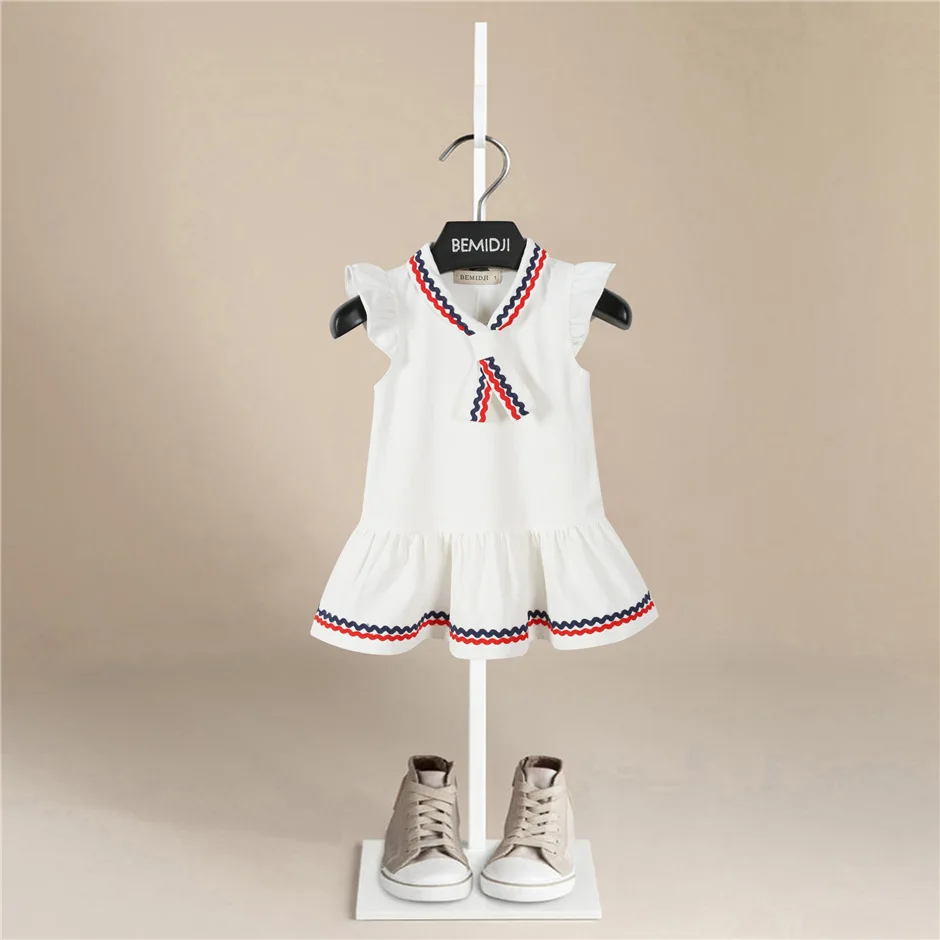 

Summer 1-6Yrs Girl Teenage Children Sailor Collar White Military Baby Kids Navy Style Knitted Cotton Sleeveless Dress for Girls