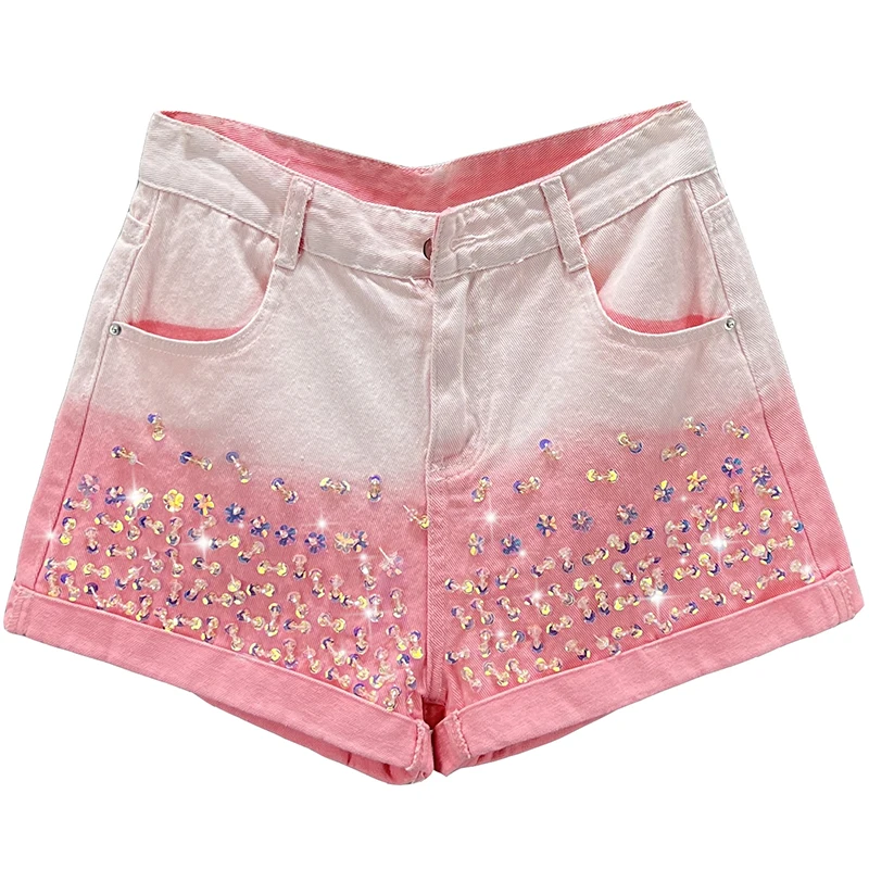 Sequined Denim Shorts Women's 2023 New Summer Gradient High Waist Loose and Limming Wide-Leg Hot Pants Studded Shorts Street
