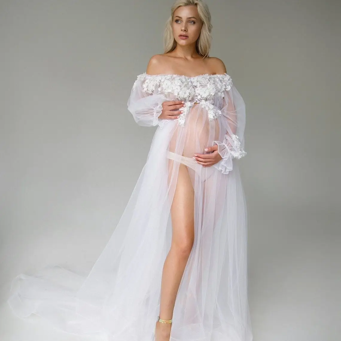 

White See Thru Maternity Dresses Floral Appliques Long Sleeve Tulle Photography Dressing Gowns Women's Prom Dress robe de mariee