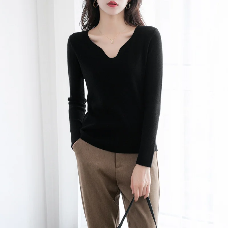 

Однотонный облегающий пуловер с V-образным вырезом, тонкий свитер, Новинка осени 2022, женская одежда, характерные свитера с глубоким вырезом, ...