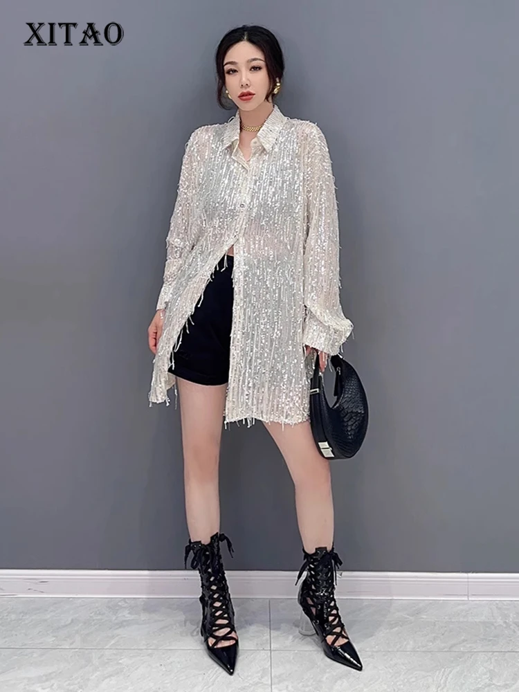 

XITAO Temperament Casual Fashion Shirt Sequined Single Breasted All-match Tassel Summer New Simplicity Street Trendy HQQ0498