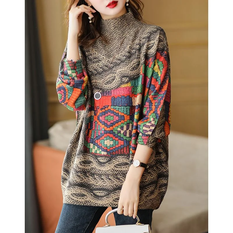 

European Station Design Sense Half High Neck Mink Fleece Women Sweater European Vintage Loose Printed Knitted Pullover Female
