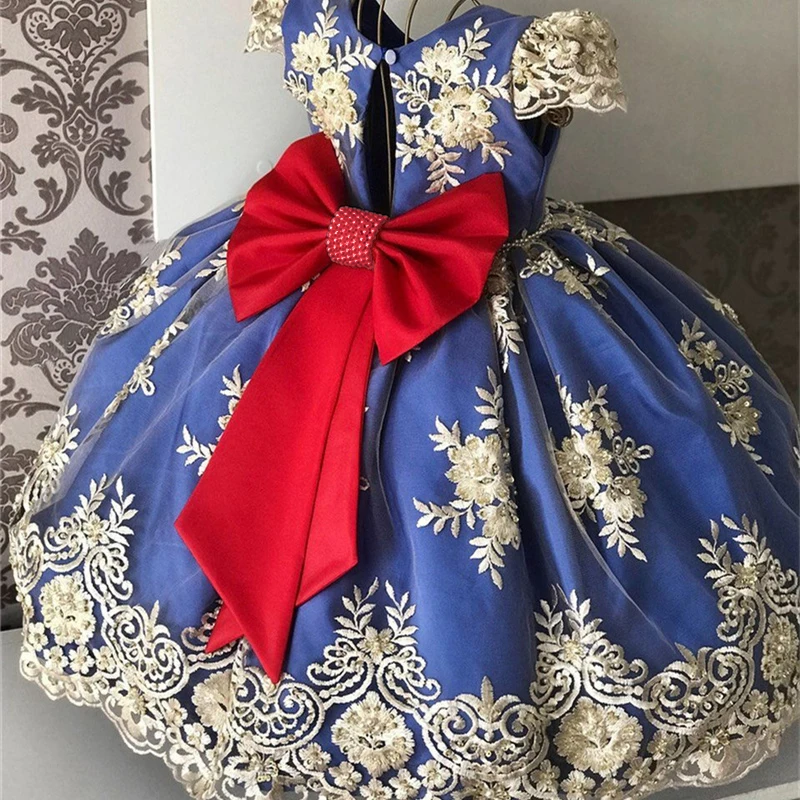 

Винтажное вечерние жевное платье с цветочным принтом для девочек, платье-пачка с большим синим бантом для детей, детская одежда для дня рожд...