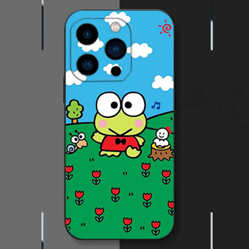 MINISO Cute KEROKEROKEROPPI Phone Case for iPhone 12 11 13 14 15 16 Max Pro Plus Black Soft Silicone Cover