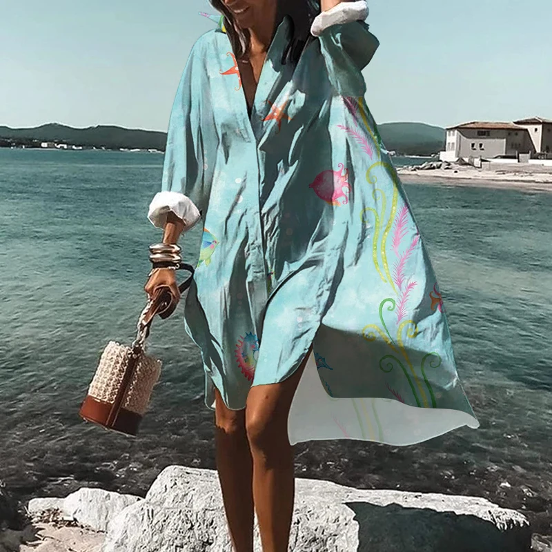 

2023 модное свободное дизайнерское платье с разрезом сзади женское платье-рубашка с длинным рукавом и цветочным принтом