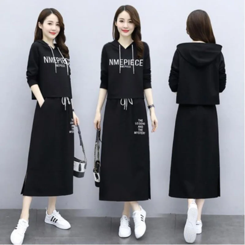 

Cute Outfits 2022 Spring Autumn New Fashion Elegant Plus Size Long Sleeve Hooded Top And Skirt Two Piece Matching Sets For Women