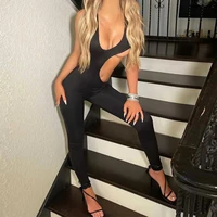 women jumpsuit solid color deep v neck high elasticity bodycon anti pilling big hole skinny hollow out sleeveless summer romper