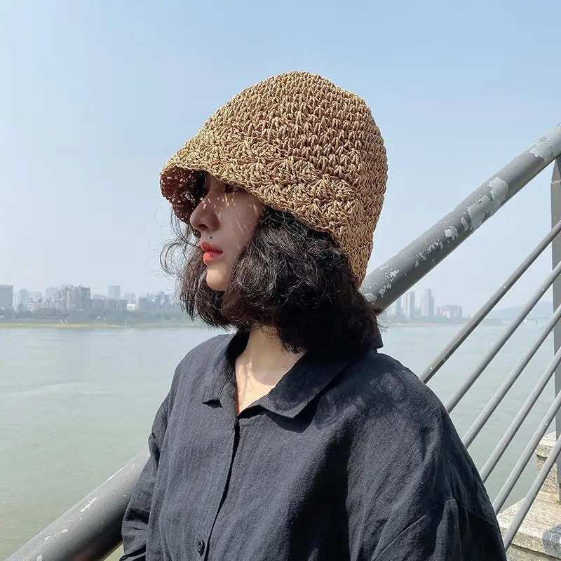

Fashion Niche Lace Handmade Straw Hat Women's Summer All-match Fisherman Hat Sunshade Sunscreen Bucket Hat Basin Hat for Women