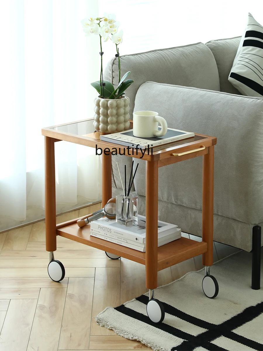 

zqSolid Wood Side Table Movable Living Room Sofa Corner Table Small Apartment Light Luxury Small Coffee Table Trolley