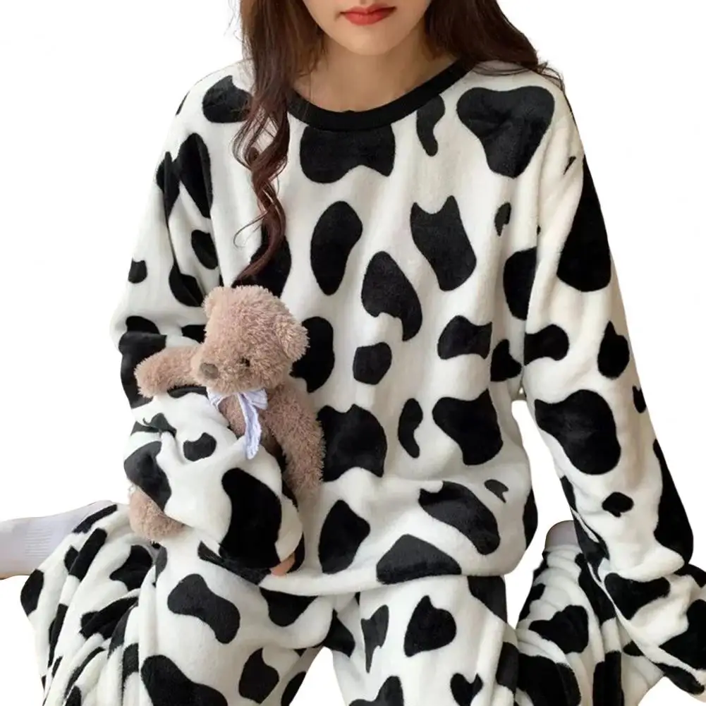 

Blouse Pants Set O-Neck Thickened Anti-freeze Female Double Sided Flannel Top Pants Pajamas Fleece Homewear for Vacation