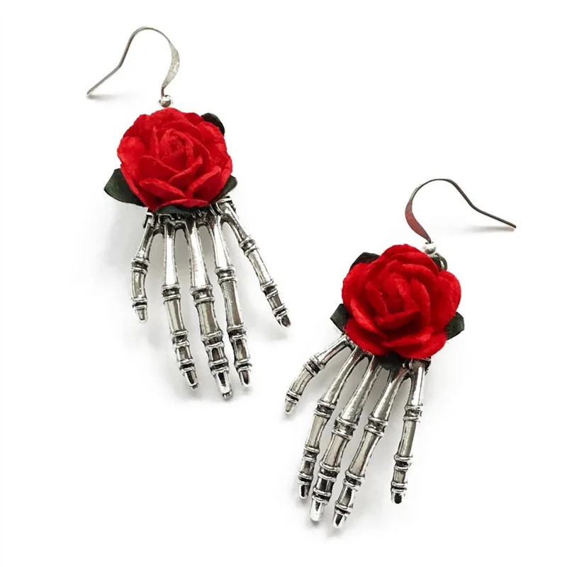 Gothic Red Rose And Silver Plated Skull Hand Earrings Wedding Party Holiday Gift For Men And Women Everyday Jewellery