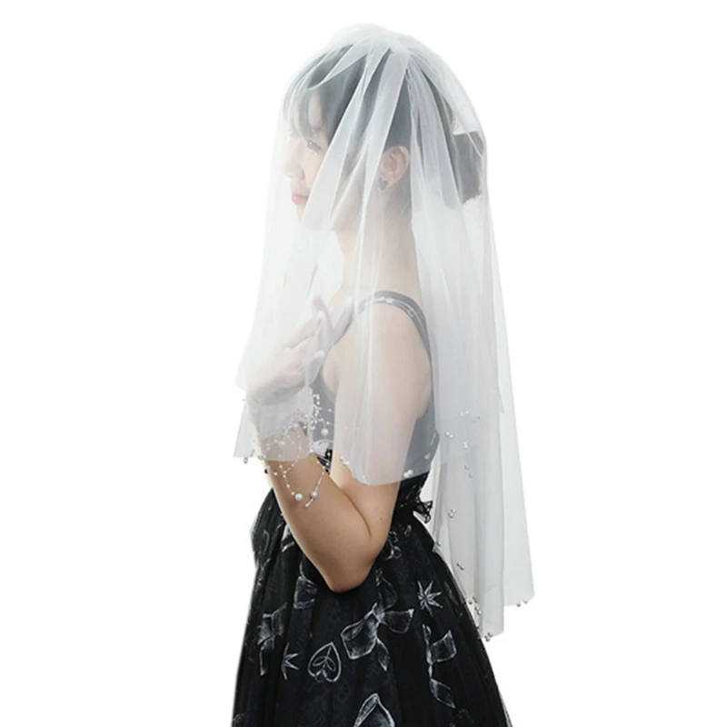 

2-Layer Bridal Veil with Comb Beads Adornment Simple Cut Edge Short Elbow Length Tulle Sheer Veils for Wedding
