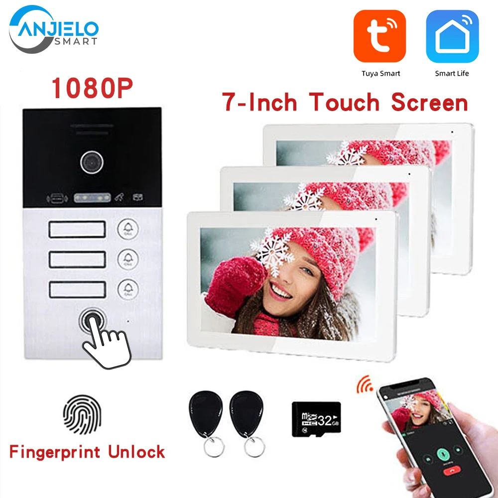 

Tuya Wifi Video Intercom for 1/2/3 Unit Apartments 7-Inch Touch Screen with 1080p Doorbell Camera Fingerprint Rfid Interphone