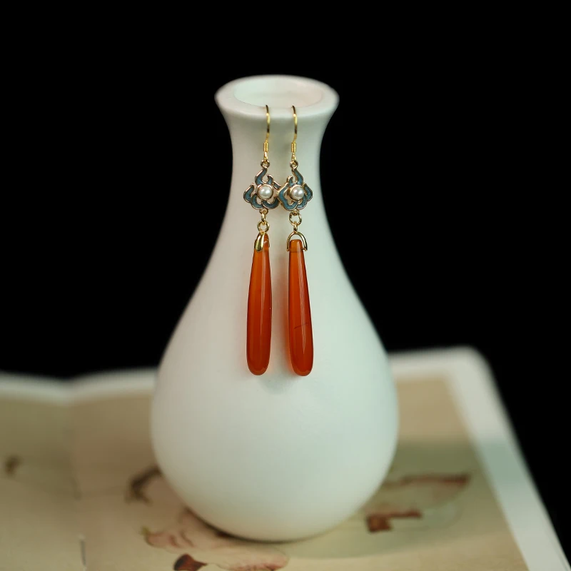 New Chinese Sle Retro Tassel Pierced Ear Clip Ring S925 Silver Hook Hanfu Accessories Red Agate Eardrops Cold