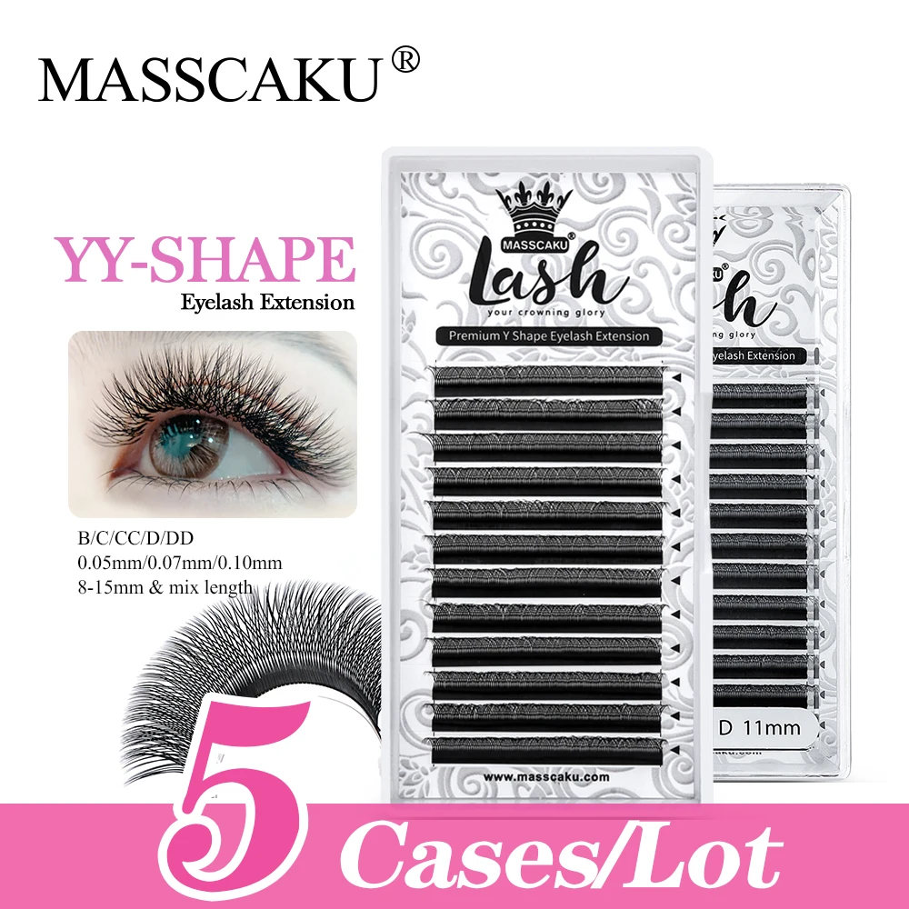 

MASSCAKU 5Cases/lot Double Slipt Tips Supplies Eyelashes YY Shape Individual Soft Light Faux Mink Eyelash Extensions Makeup
