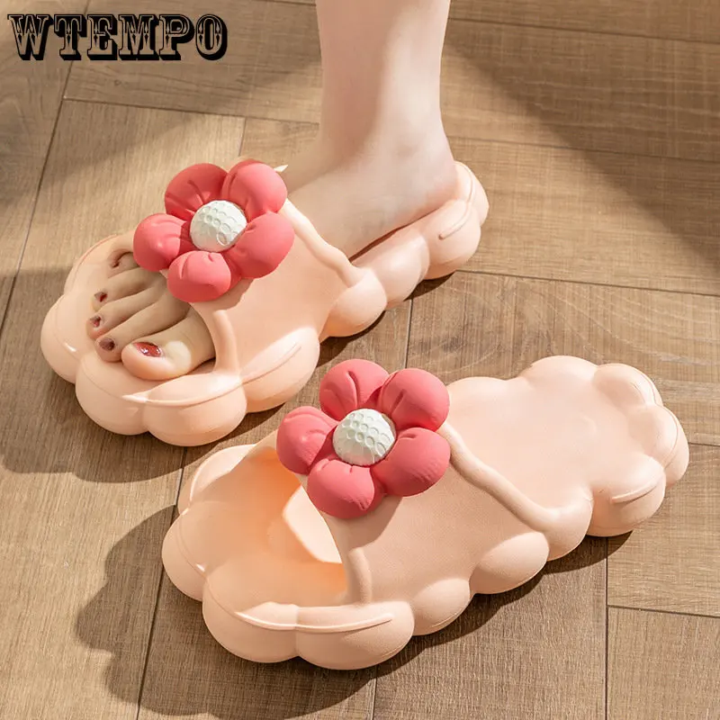 Women Bathroom Slippers Home Wear Fashion 3D Flower Beach Shoes Thick Platform Summer Sandals Lovely EVA Antiskid Flip Flops