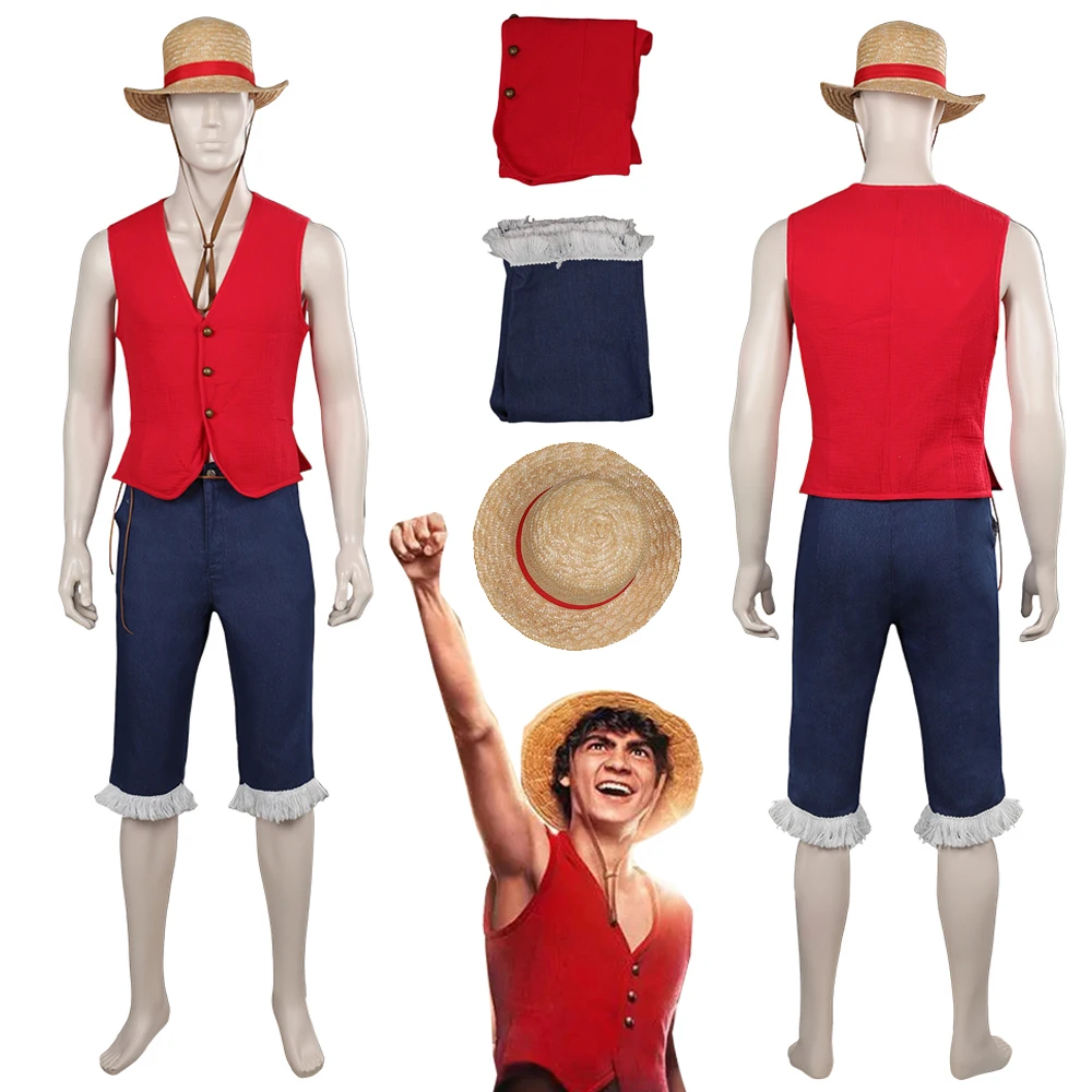 

Luffy Cosplay Kids Boys Fantasy Costume Live Action TV One Cosplay Piece Disguise Costume Children Straw Hat Haloween Party Suit