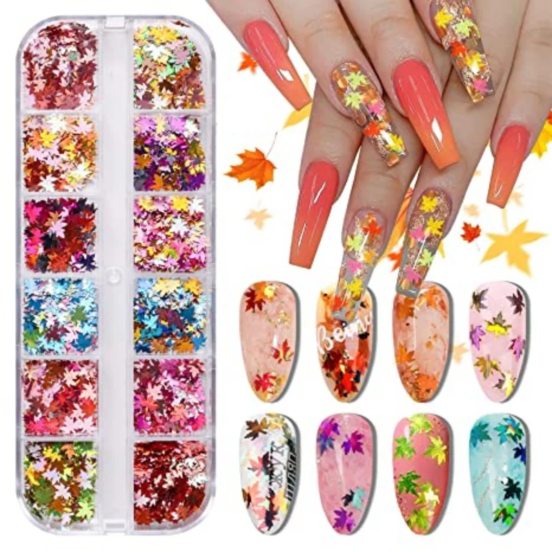 

12 Grids Holographic Nail Art Glitter Sequins Laser Butterfly Maple Leaves Paillette Flakes DIY 3D Nail Decorations Tools 2022