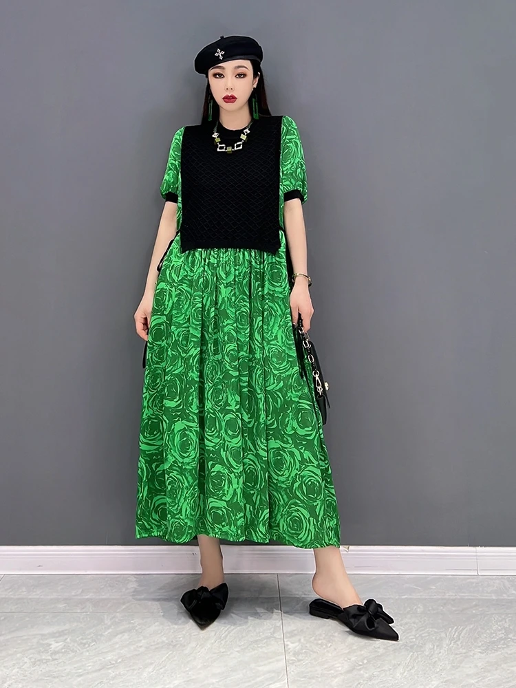 

SuperAen 2022 Spring New Fashion Casual Vest Splicing Printing Loose Pleated O-Neck A-LINE Dresses for Women