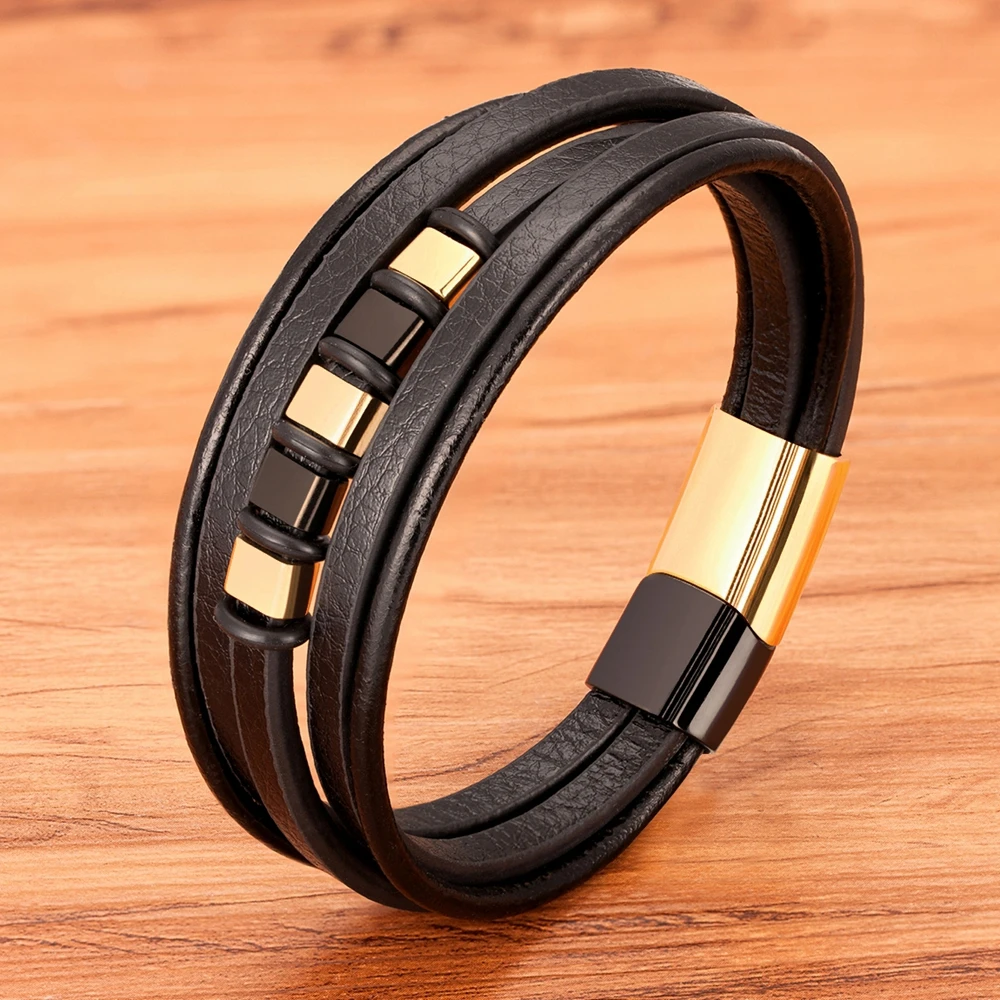 

TYO New Multilayer Genuine Leather Bracelets for Mens Stainless Steel Magnet Clasp Bangles Jewelry Gift Dropshipping Wholesale