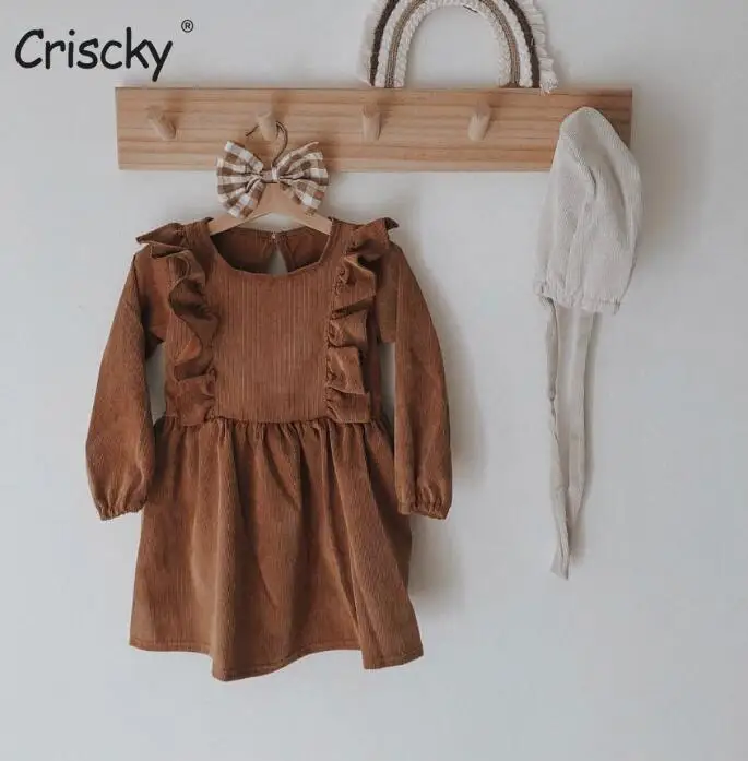 

Criscky Corduroy Retro Girl Dress Autumn New Baby Kids Casual Ruffles Long Sleeve Solid Color Dresses Children Clothing