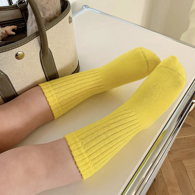 

Spring Fall New Fashion Solid Candy Color Strips Tube Socks Soft Stitch Yoga Knee High Long Stockings Funny Clothes for Girls