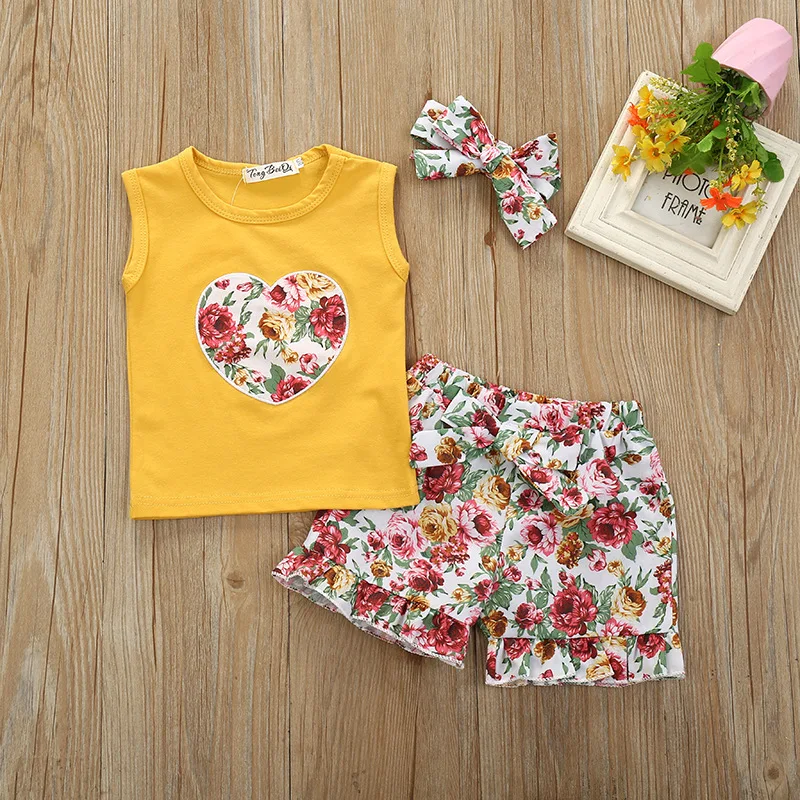 

Casual Baby Girl Clothes Set Summer Sleeveless Fashion Toddler Girl Clothes Floral T-Shirt + Shorts 2Pcs Children Outfit 2022