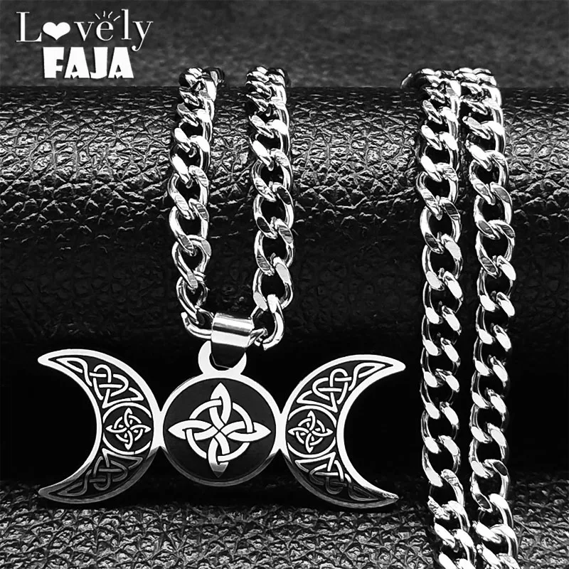 

Wiccan Triple Moon Goddess Necklace for Women Stainless Steel Witchcraft Viking Witch's Celtic Irish Knot Necklaces Jewelry Gift