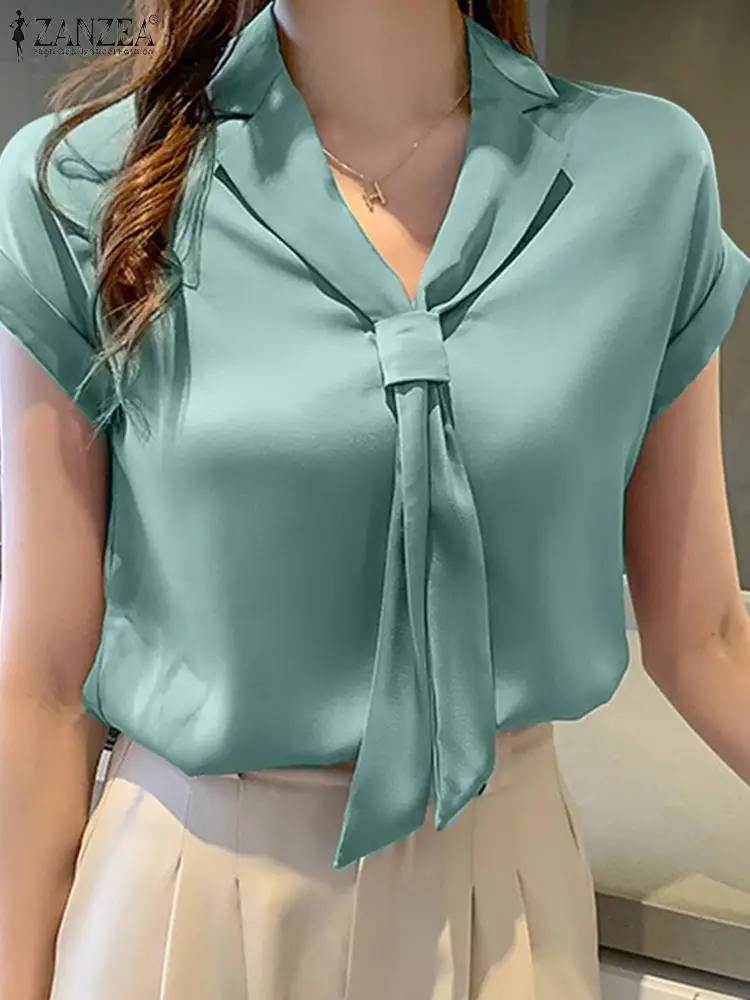 

ZANZEA Women Elegant Solid Color Blouse Summer V-Neck Tunic Tops Female Casual Fashion Bow Tie Chemise Work OL Shirt Oversized