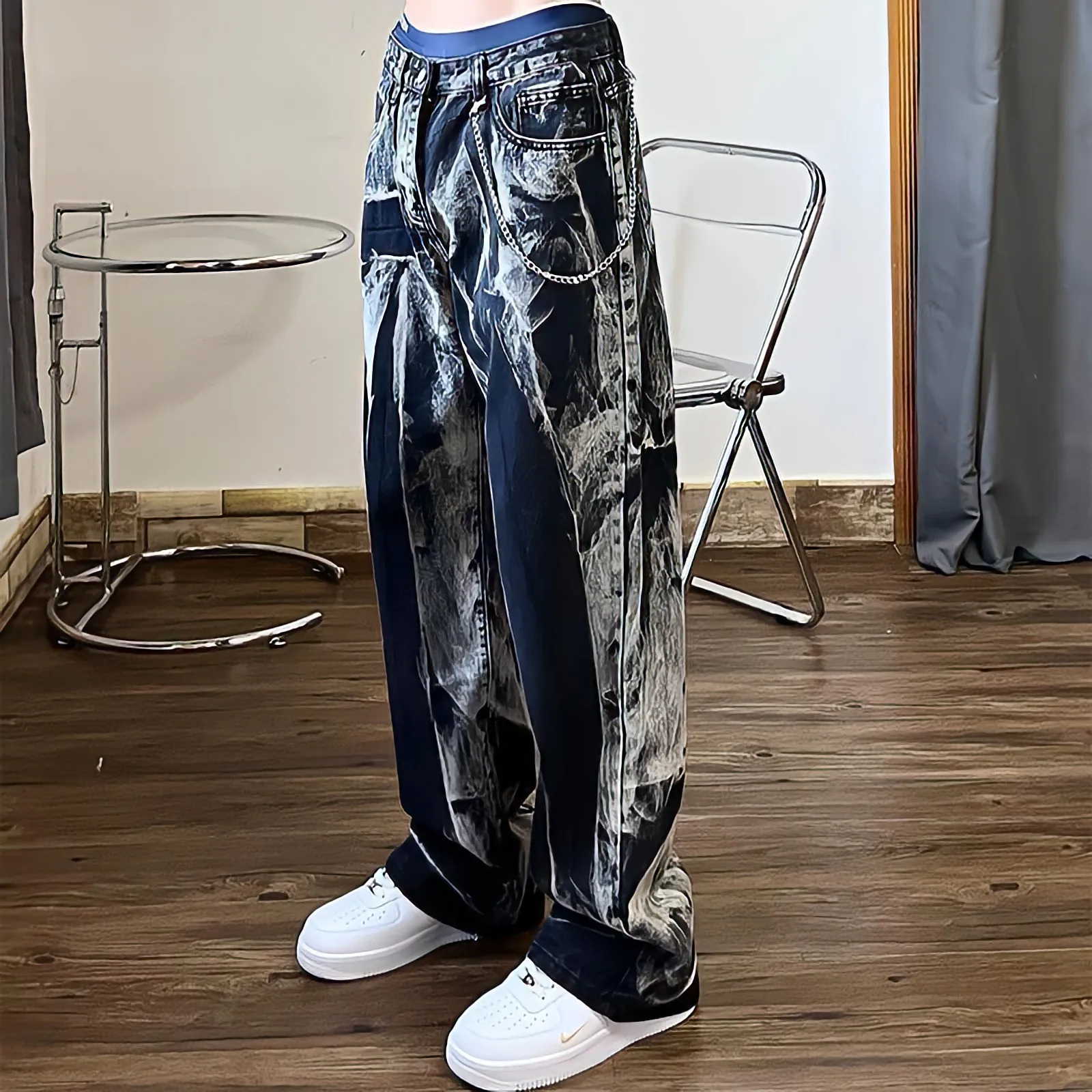 Baggy Black Jeans Women Tie Dye Washed Straight Wide Leg Pants High Waist Goth Vintage Streetwear Denim Casual Hippie Trousers