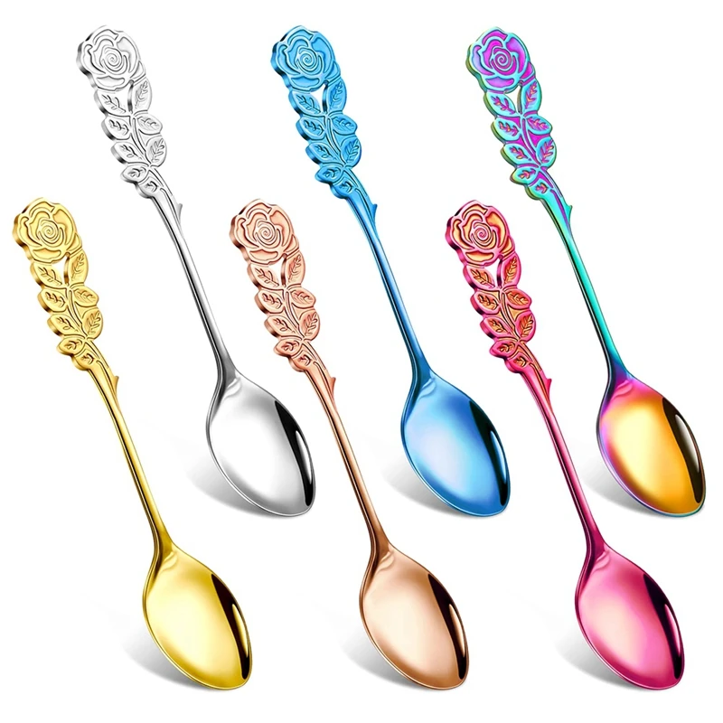 

6 Pcs 5.1 Inch Small Tea Spoons Coffee Spoons Fancy Spoons Dessert Stirring Spoons Teaspoons Stainless Steel Rose Handle