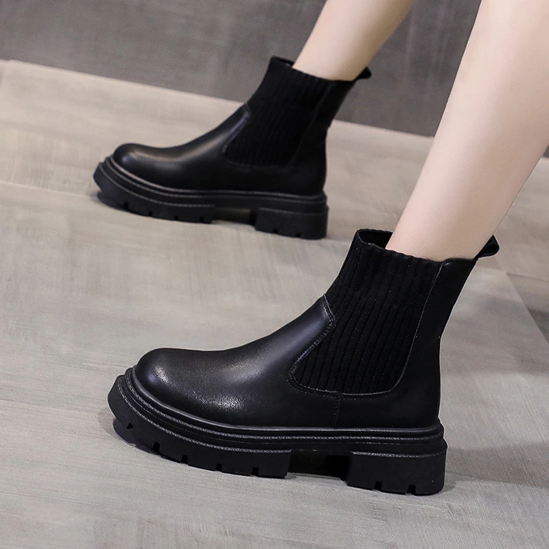 Women's Ankle Boots 2022 Fashion Slip on Black Sock Boots Female Punk Gothic Shoes Ladies Elegant Lolita Low Heels Short Boots