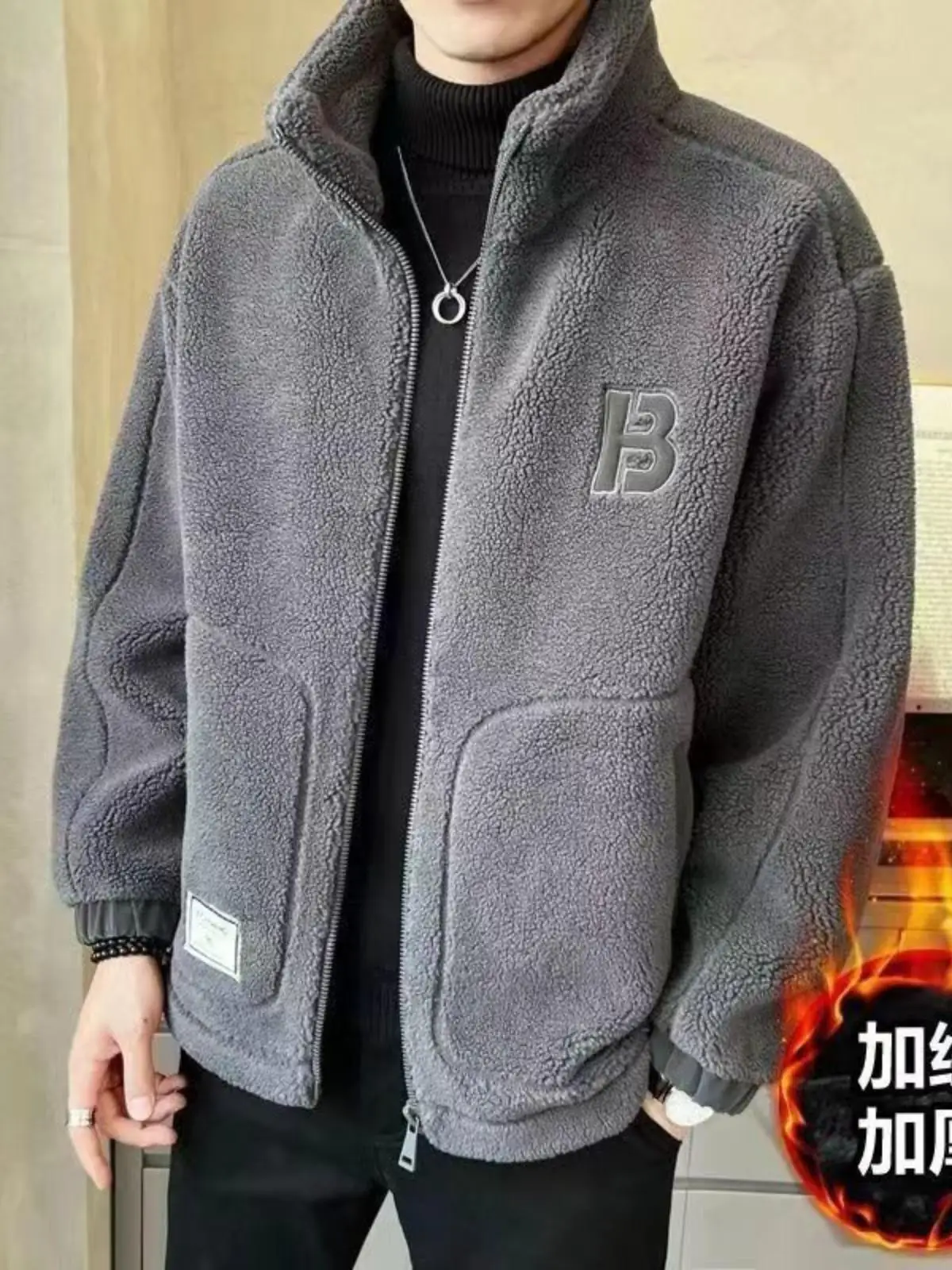 2024 Men's Autumn and Winter New Imitation Outerwear Stand Collar Trend Fleece-lined Thickened Clothing Winter cl...