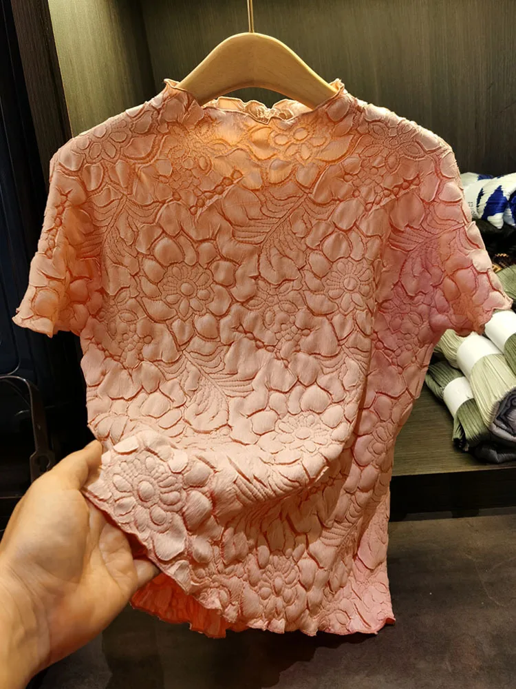 

Женская плиссированная рубашка с воротником-стойкой, Элегантная блузка миаке в стиле ретро, весна-лето 2023